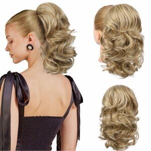 Curly Hair Ponytail Extension Hairpiece 14" Medium Blonde with Highlights